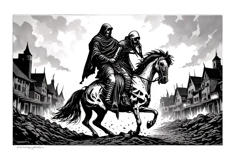 burning apocalypse ground town landscape with grim reaper on horse skeleton in background  tattoo design idea