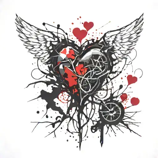 heart, angel, broken glass and tree tattoo design idea