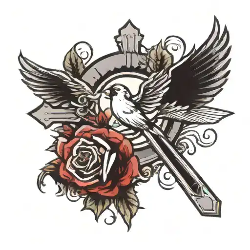Red Cardinal Flying over a cross, the cross has a skull in the middle of it and roses around it. tattoo design idea