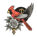Red Cardinal Flying over a cross, the cross has a skull in the middle of it and roses around it. tattoo design idea