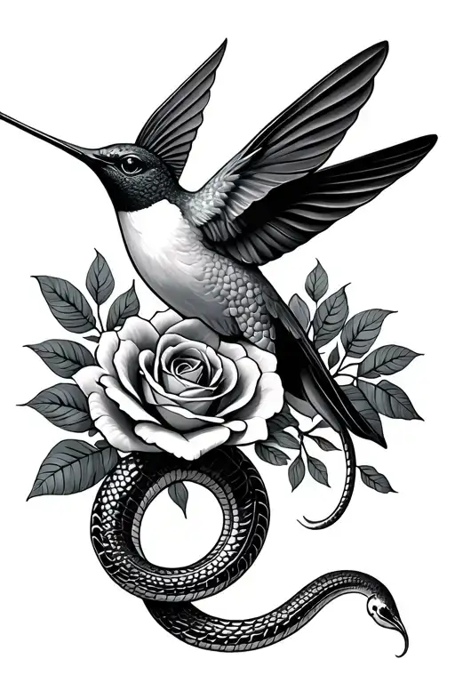 humming bird and snake, with roses and filler tattoo design idea