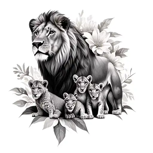 a female lion with 4 cubs and a african flower  tattoo design idea