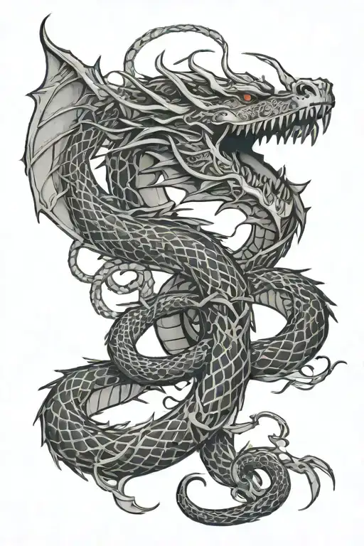 dragon intertwined with snake and barbwire vines tattoo design idea