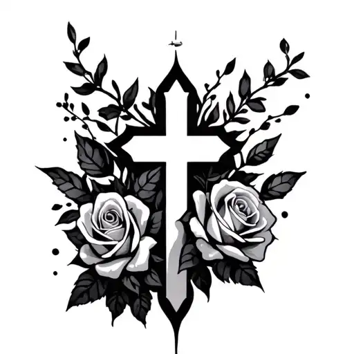 negative space cross with roses tattoo design idea