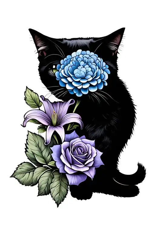 a blue hydrangea, purple rose, star gazer lily and a minimalist outline of a cat playing with the flowers  tattoo design idea
