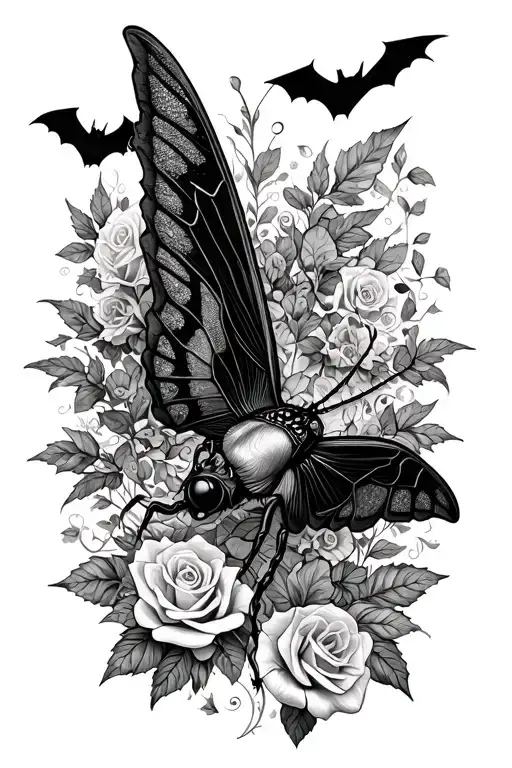 goth moth with the wings facing downward  surrounded by cybersigilism desings, leaves, bats and some roses tattoo design idea