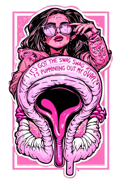 y2k, saying "i got the swag and it's pumping out my ovaries", subtle ovary drawing, hot pink, glittery tattoo design idea