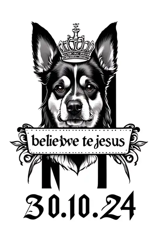 I want to have the Letter M, it has to be something with a Dog, with jesus/believe and a crown. The date 30.10.24 tattoo design idea