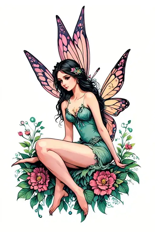 fairy sitting tattoo design idea