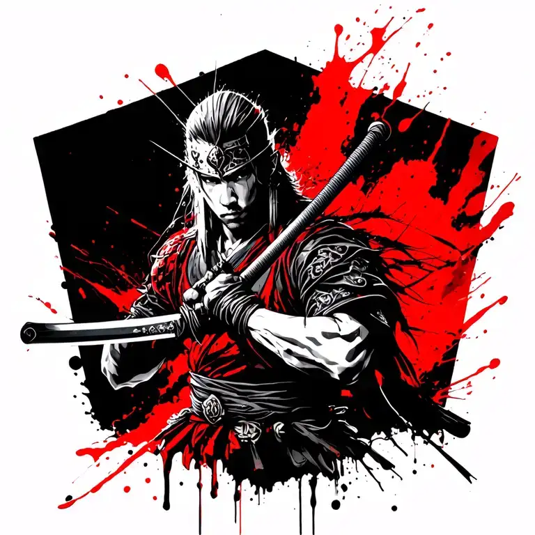 warrior with katana, bonsai sacura in the background tattoo design idea