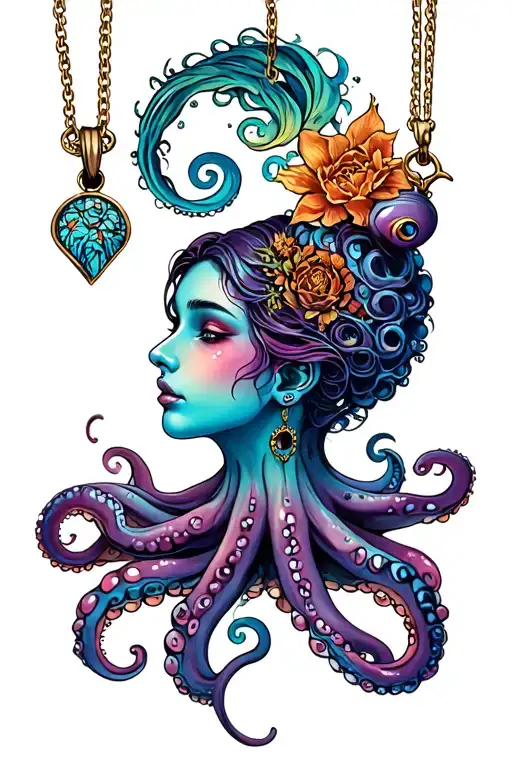 octopus and a dreamer of dreams with two pendants tattoo design idea