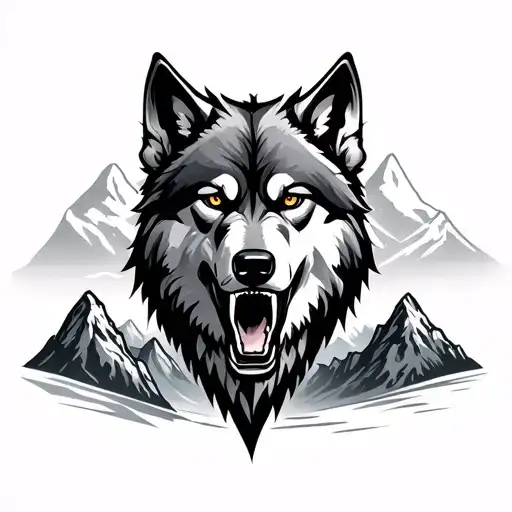 Growling Wolf And Mountains tattoo design idea