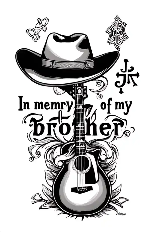 "In memory of my brother “Jr” " cross, guitar and cowboy hat.  tattoo design idea