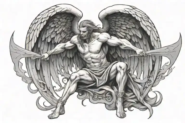 arch angel michael impaling lucifer stepping on his head tattoo design idea