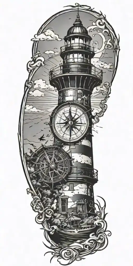 boat light house compass  tattoo design idea