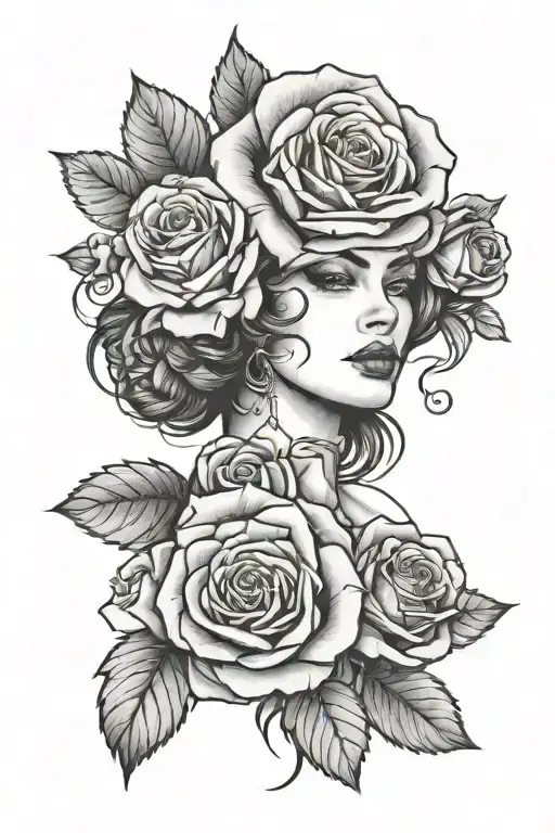 roses and woman face tattoo design idea