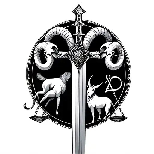 Astrological sign of the scale in the middle, a cross sword. A ram and a capricorn tattoo design idea