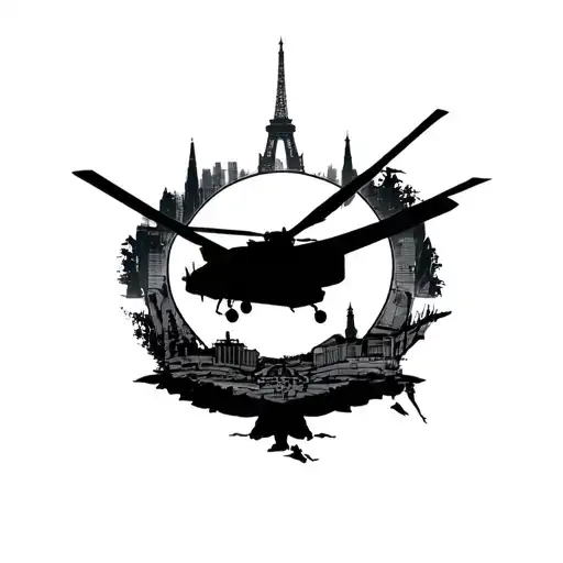 Apache Helicopter silhouette surrounded travel landmarks tattoo design idea