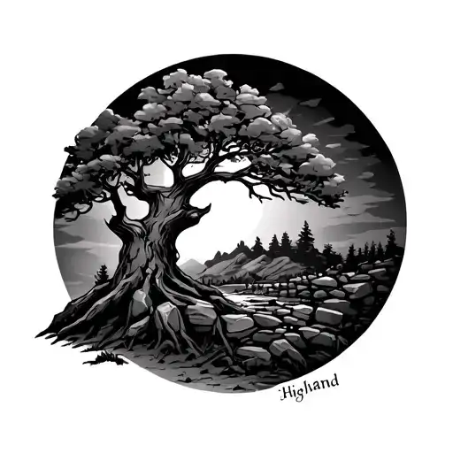 old Tree Stone wall Highlands Sun tattoo design idea