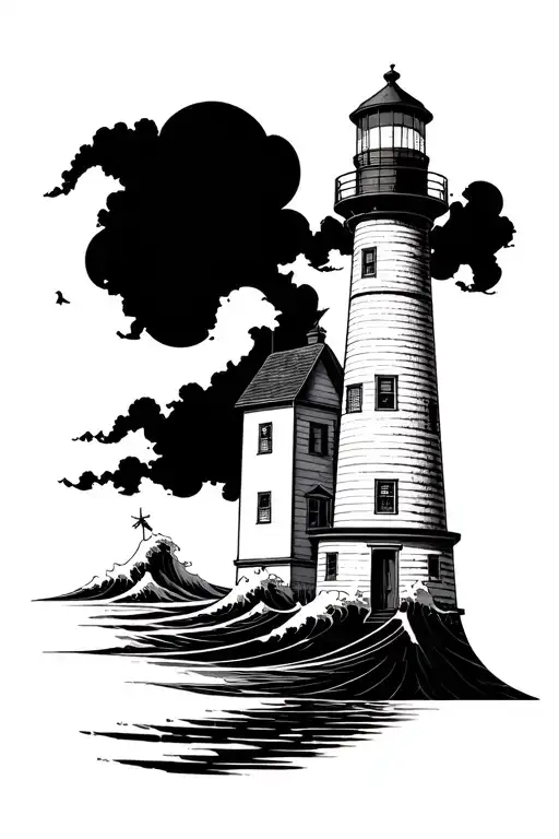 lighthouse in traditional style but thinner line and black and grey, with a japanese wave in one side of the lighthouse  tattoo design idea