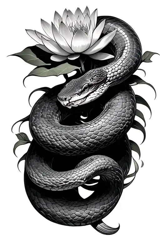 snake slithering with lotus flowers growing from its skin. tattoo design idea