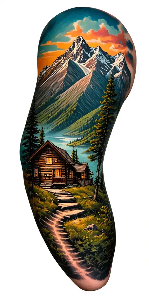 Mountain cabin and trail winding road leading its pack tattoo design idea