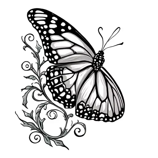 A tattoo Vertically, fine-line, in black and white monarch chrysalis, followed by a scroll or vine leading to a monarch  tattoo design idea