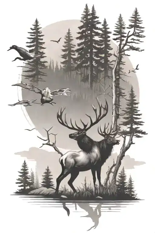 elk, ducks flying, man hunting, forest scene tattoo design idea