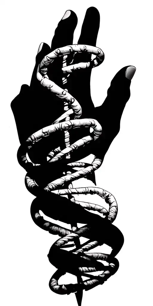 Tattoo, the hand is immersed in the center of the DNA chain, instead of the nucleotides of the chain rune inscription. DNA chains envelop a hand tattoo design idea