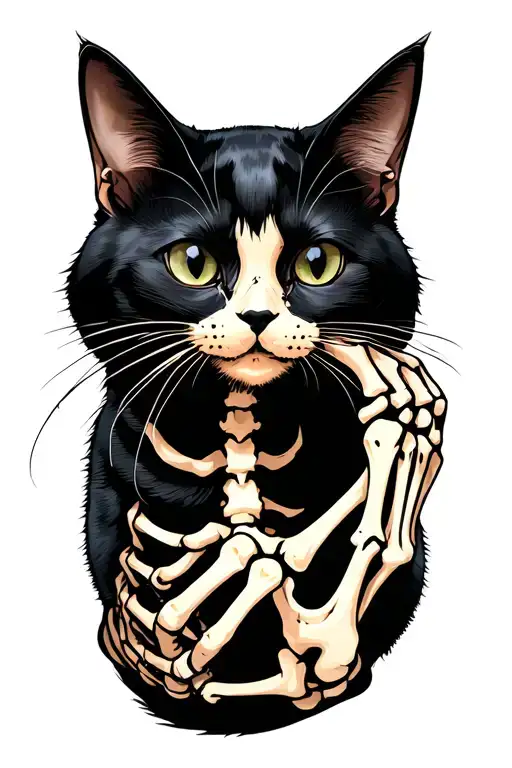 black cat being pet by skeleton hand  tattoo design idea
