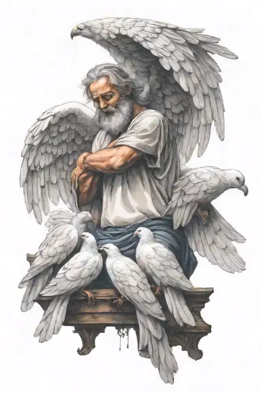 Sad angel with drooping wings being lifted up to heaven by two doves holding him by the shoulders tattoo design idea