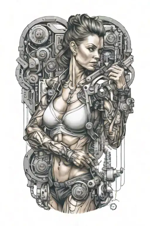 bodybuilder muscular women with technology circuits mechanic merging tattoo design idea