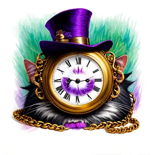 pocket watch with mad hatter's hat on top and Cheshire Cat at the bottom tattoo design idea