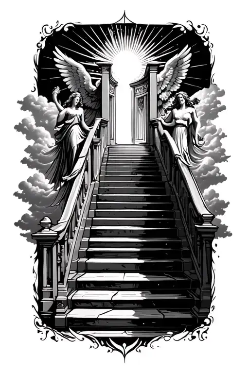 stairway to heaven walking up stairs angels sun rays clouds heaven gate at the top of the stairs  tattoo design idea