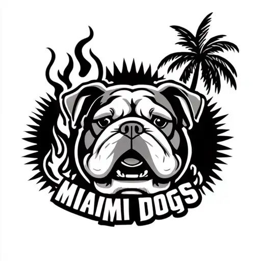 "Miami Hot Dogs" cartoon  bulldog face and fire and palm tree tattoo design idea