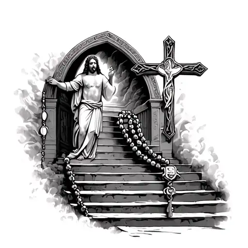 Jesus Christ, Cross with Rosary beads intertwined, Heaven Gate Stairs,  tattoo design idea