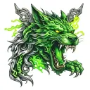 hacker logo combined with wolf and dragon breathing green fire tattoo design idea