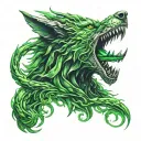 hacker logo combined with wolf and dragon breathing green fire tattoo design idea