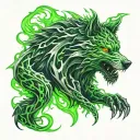 hacker logo combined with wolf and dragon breathing green fire tattoo design idea