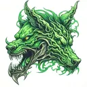 hacker logo combined with wolf and dragon breathing green fire tattoo design idea