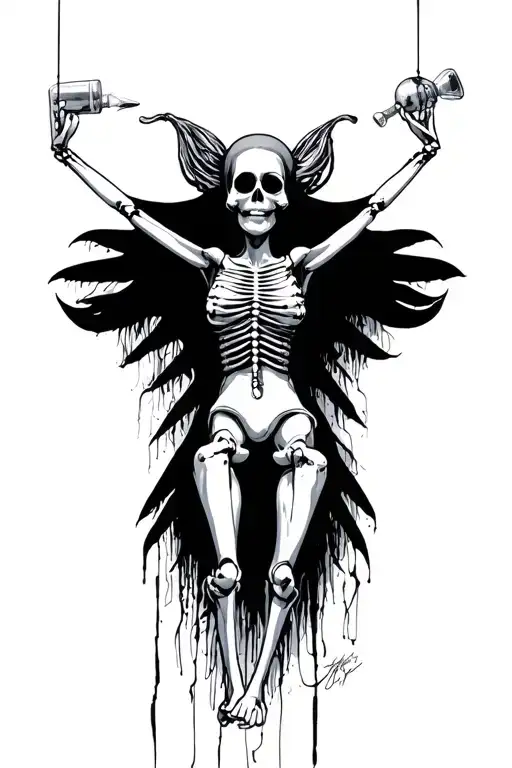 full body marionette puppet of the personification of substance abuse  tattoo design idea
