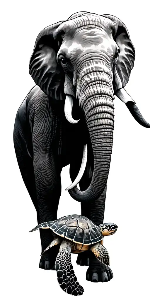 elephant and sea turtle near the elephant's feet tattoo design idea