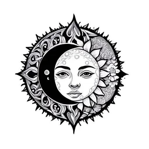 Celtic moon and sun with floral and Mandela effects tattoo design idea