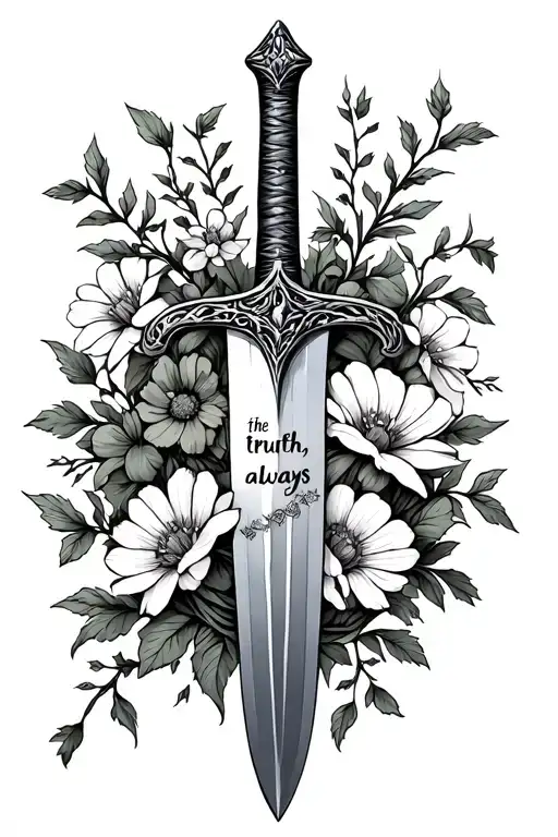 sword with wildflowers and vines wrapped around it and "the truth, always" engraved on the sword tattoo design idea