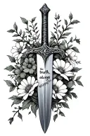 sword with wildflowers and vines wrapped around it and "the truth, always" engraved on the sword tattoo design idea