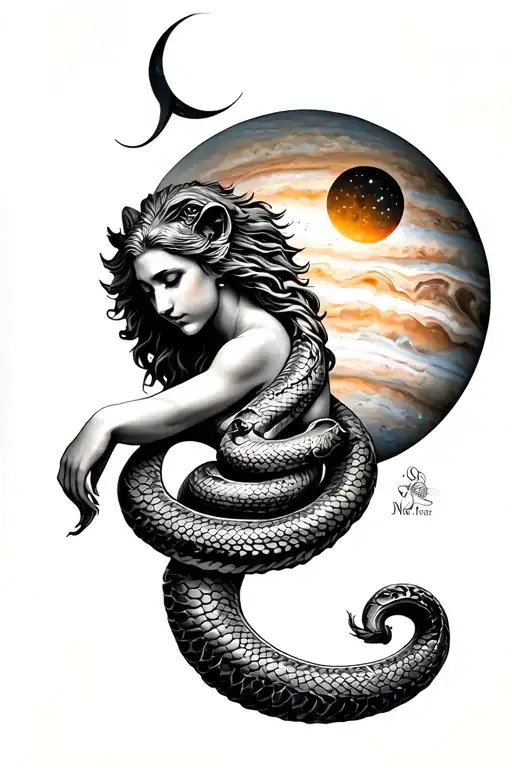 lion headed serpent wrapped around a woman with Jupiter the moon and sun in background  tattoo design idea