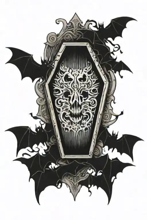 spooky coffin with bats tattoo design idea