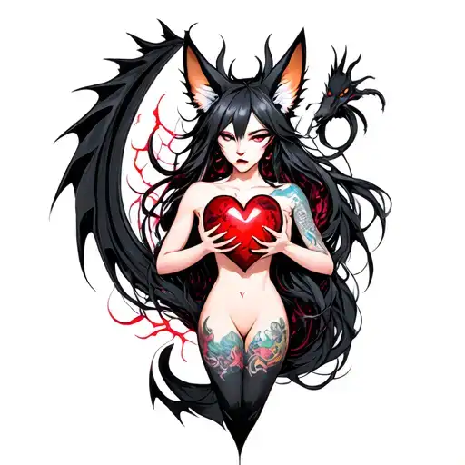 tattooed anime demon fox woman holding a shattered heart with a heart shaped black dragon surround tattoo design idea