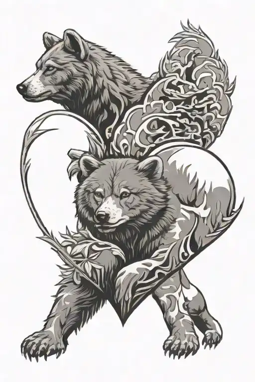 camo heart shape, bear cub, wolf cub tattoo design idea