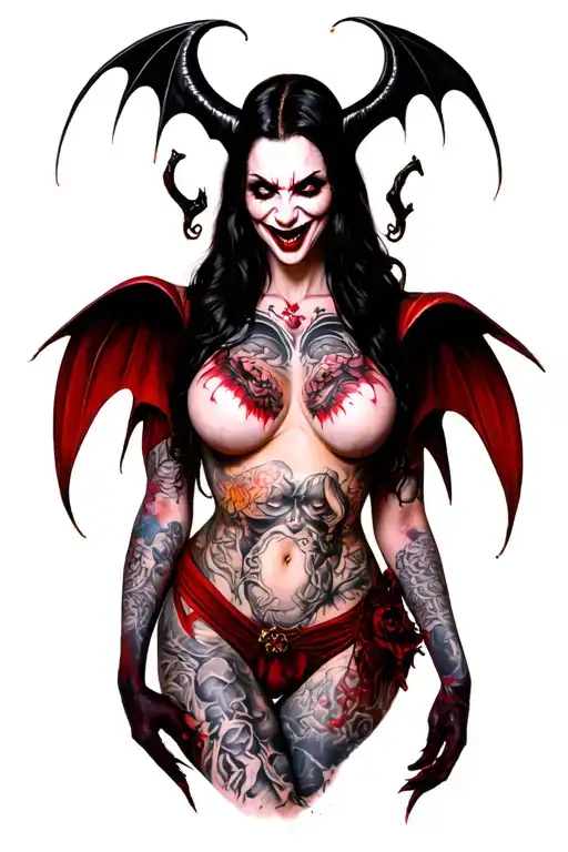 sexy nude vampire, huge boobs, evil smile, full torso, detailed, tattoos tattoo design idea